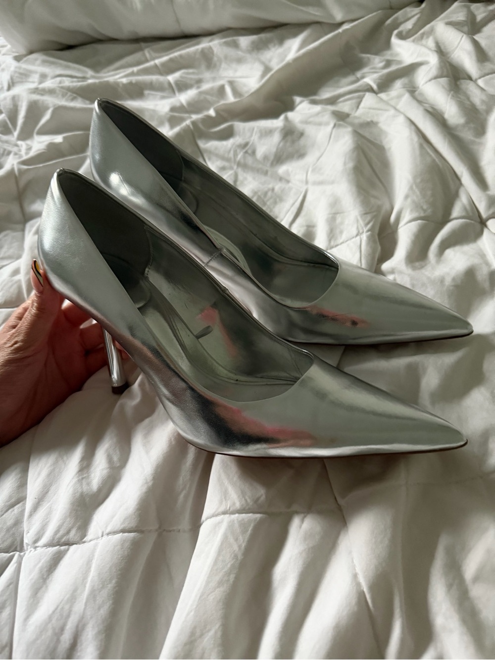 Zara Metallic Silver Pointed-Toe Stiletto Heels